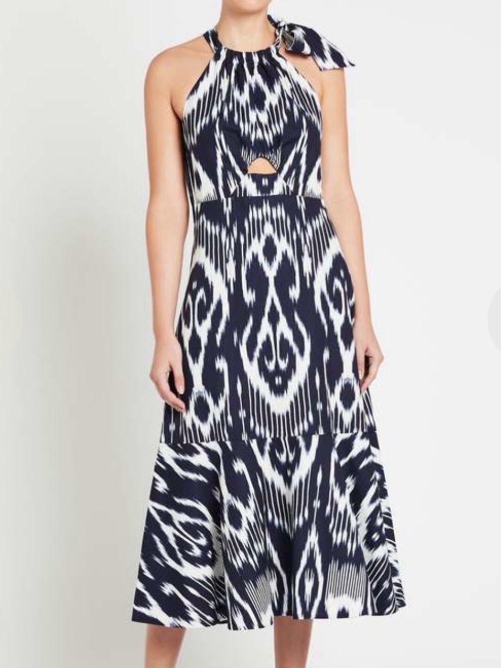 NWT Rebecca Taylor “Ikat” Navy and White Halter Midi Dress with Tie Shoulder